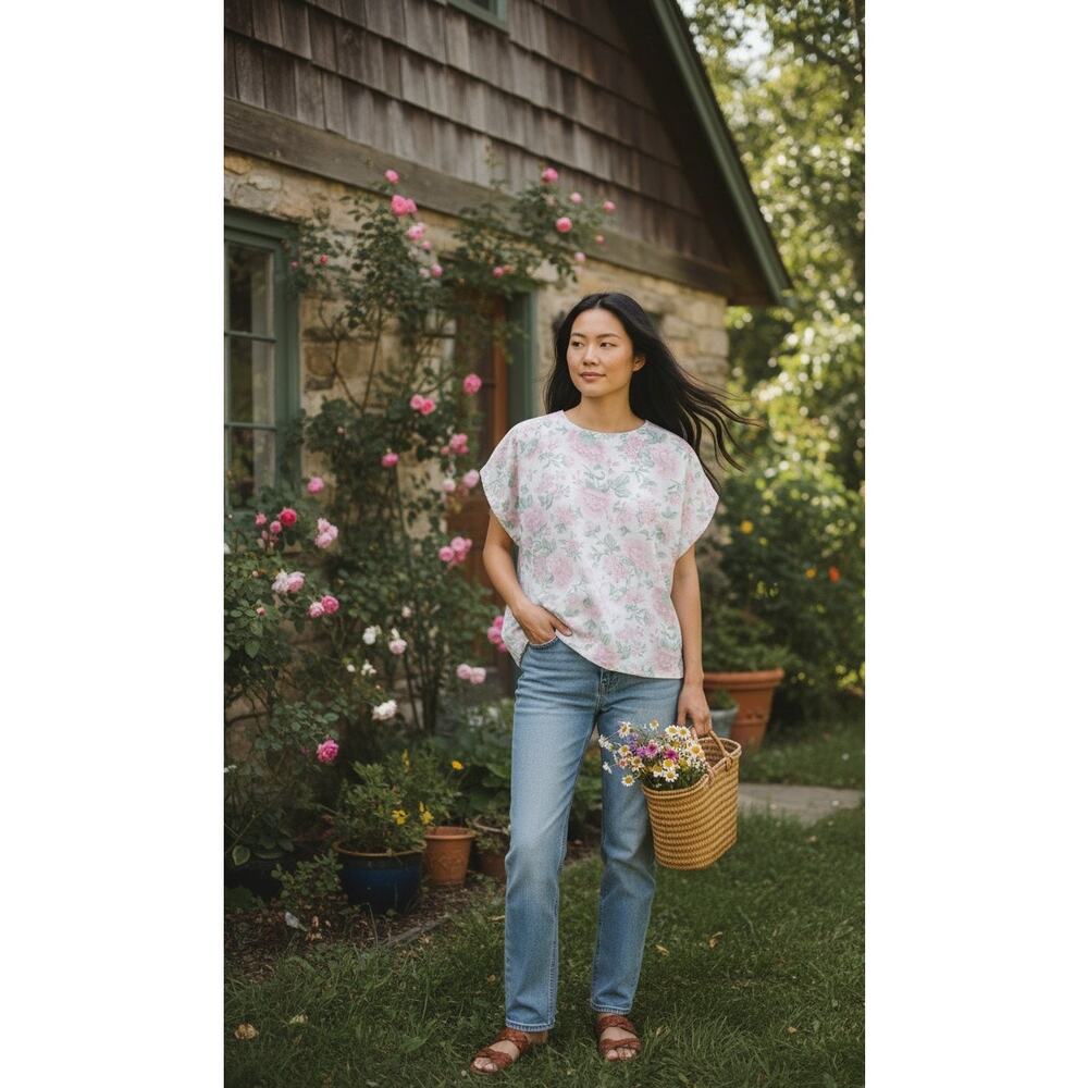 Vtg Handmade Floral Blouse Top Shirt Sz M L White Pink Sweet Cottage Twee Retro